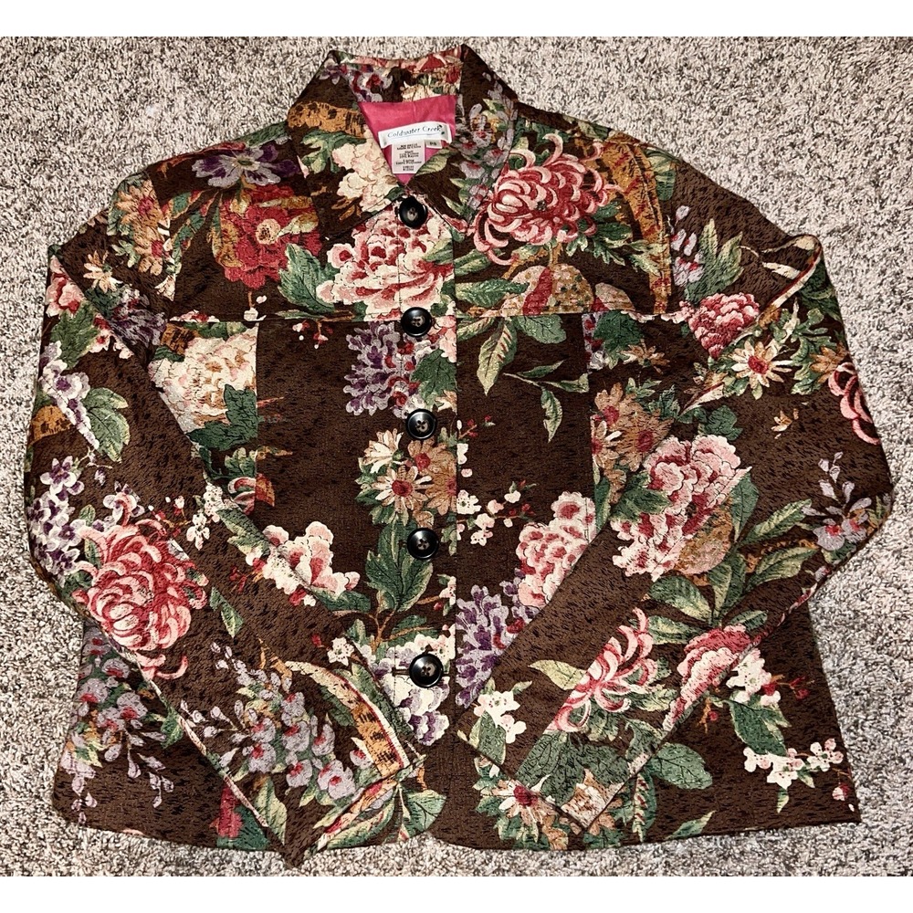 Vintage Coldwater Creek Floral Tapestry Jacket Brown Multicolor Roses PS